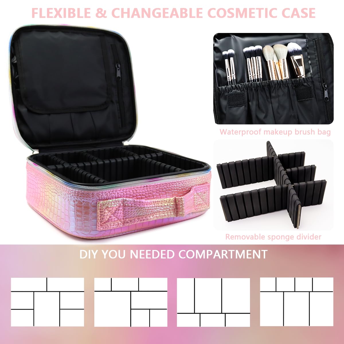 MORMID Travel Makeup Case 3 Layers Portable Makeup Train Case Cosmetic Bag Organizer Storage for Women with Adjustable Dividers and Shoulder Strap for Toiletry Travel Accessories(pink)