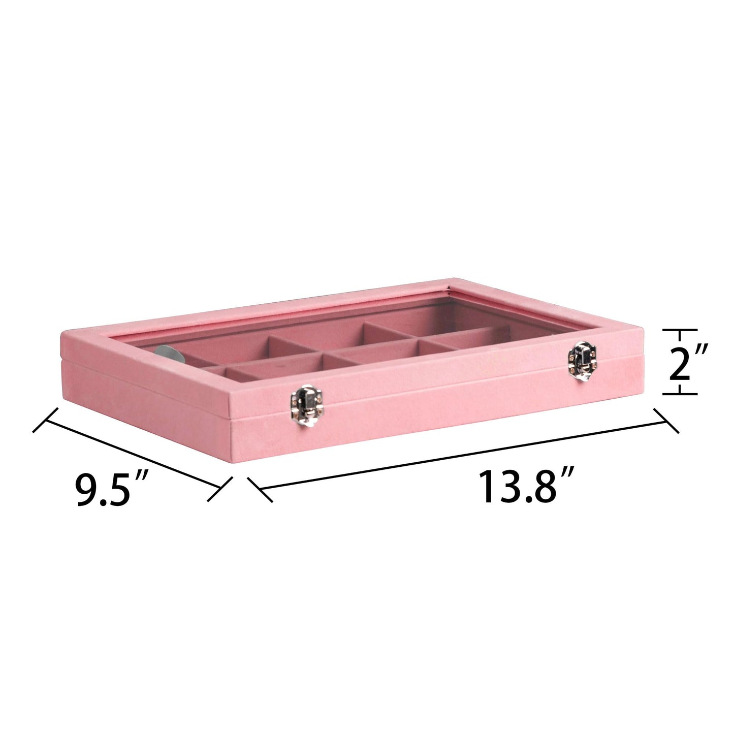 Frebeauty Velvet Jewelry Tray,12 Grid Jewelry Organizer with Clear Lid,Bracelets Holder,Jewelry Display Case with Clasp,Drawer Insert Bangle Brooch,13.8 x 9.5 x 2 Inches,Gift for Women Girls(Pink)