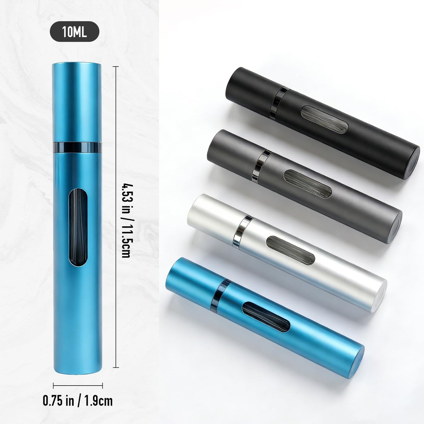 Nyuemystery 10ml 4 Pack Bottom Fill Perfume Atomizer, Refillable Travel Spray Bottle, Leak-Proof Portable Mini Cologne Dispenser with Pouch for Women & Men