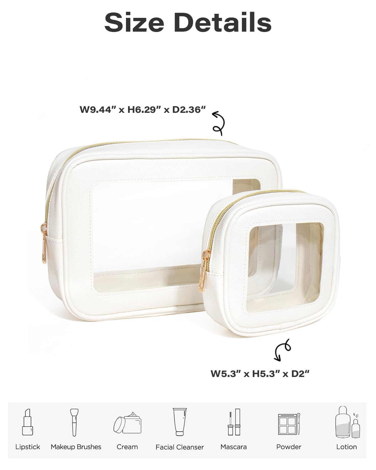 FFpaw Clear Makeup Bag Set for Women, Waterproof Travel Clear Makeup Bag Small Toiletry Bag Skincare Pouch Portable Travel Cosmetic Bag with Zipper Car Organizer Bag for Essentials (Large+Mini White)