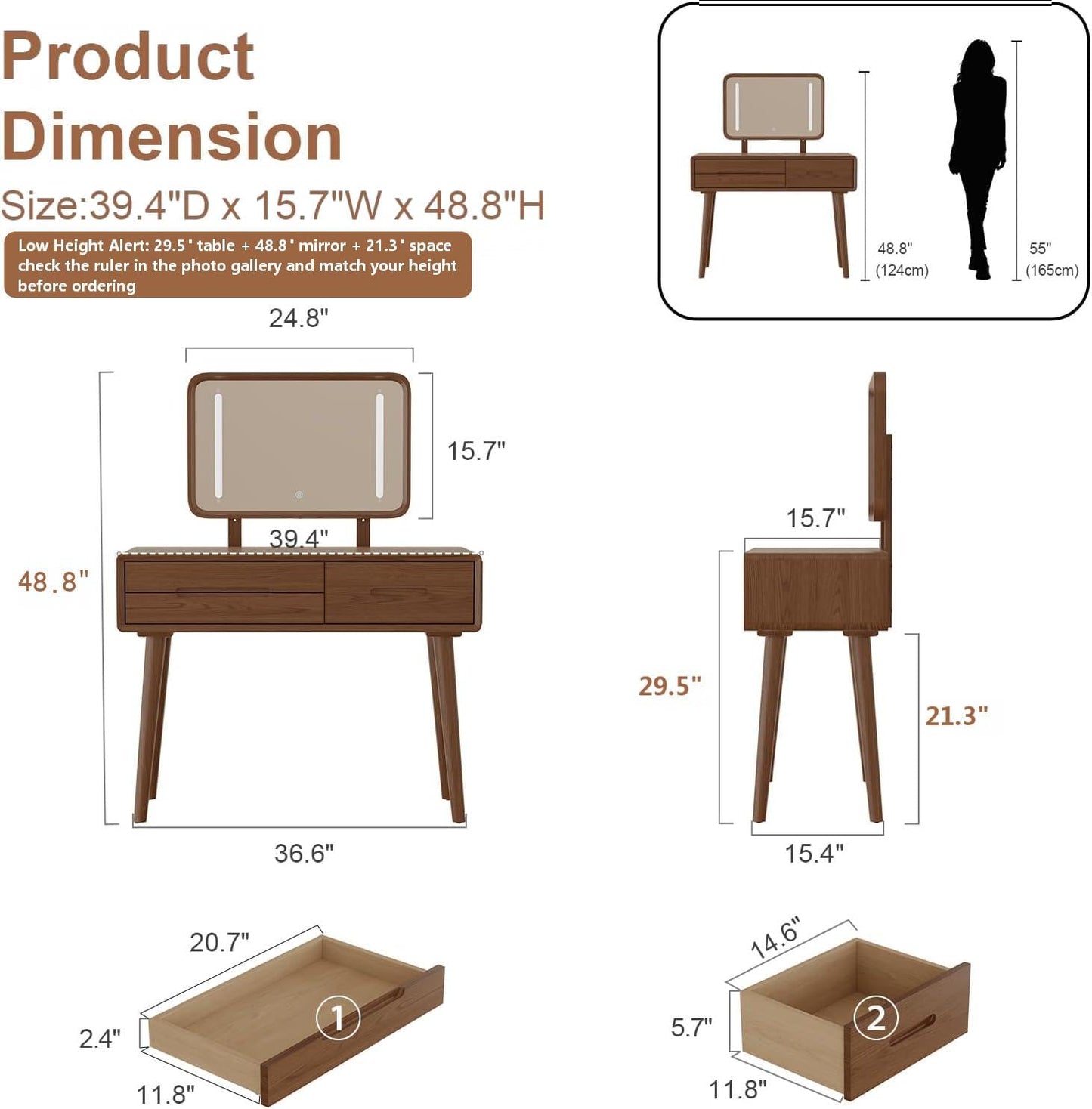 DONGMUWUJEE Solid Wood Vanity with Mirror and Lights, Adjustable Brightness, Wood Makeup Vanity with 3 Drawers, Semi-Assembled, Vanity Desk for Bedroom (Walnut)