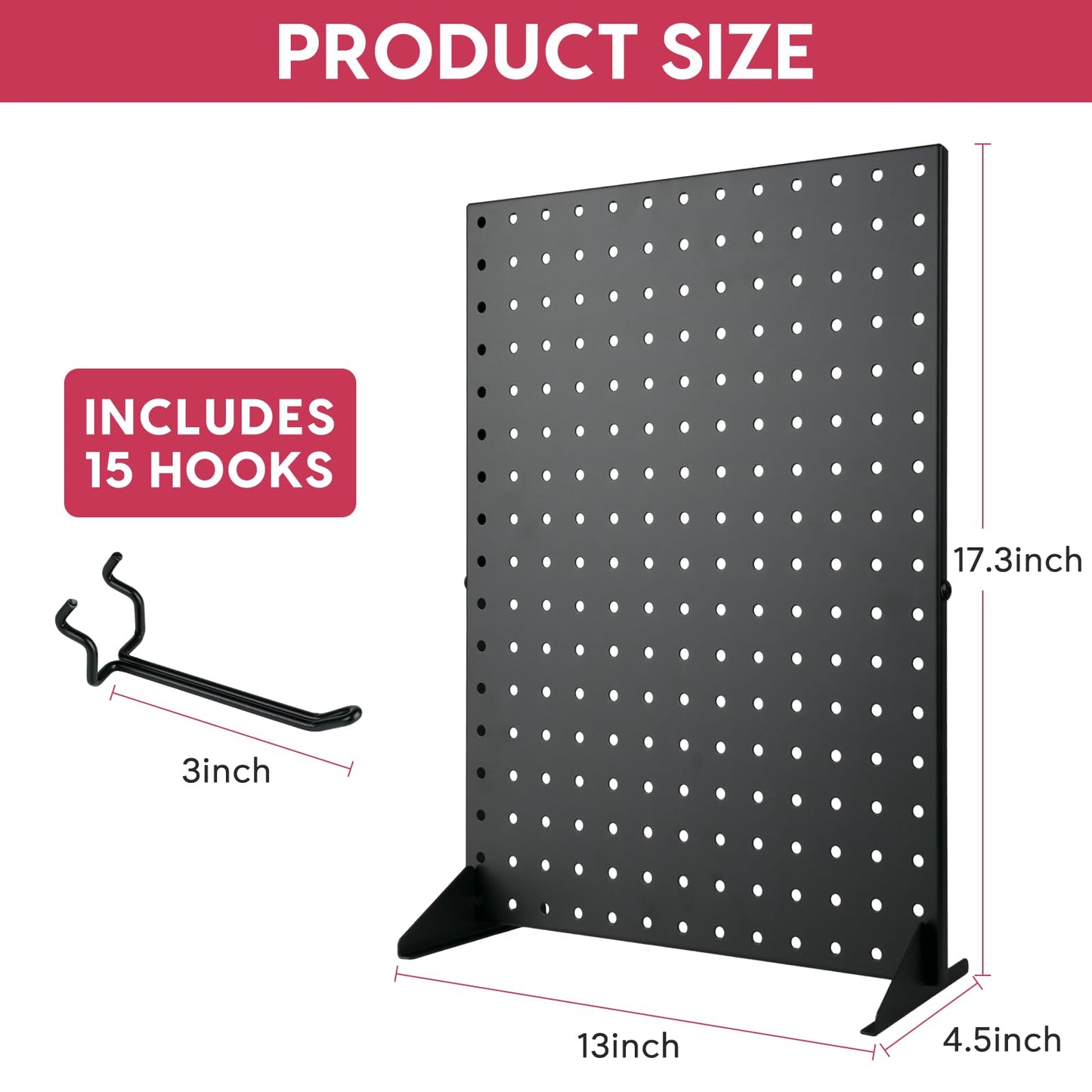 Metal Pegboard Display Stand With 15 Peg Board Hooks Accessories, Desk Pegboard Panels, Merchandise Display Rack for Selling Accessories Vendors & Events Retail Craft Shows & Fairs (17*13Inch, Black）