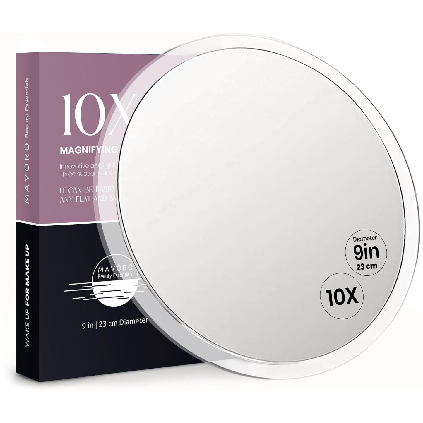 Mavoro 9'' Magnifying Mirror with 3 Strong Suction Cups | 10X Magnification | Portable Travel Makeup & Cosmetic Mirror (10X)
