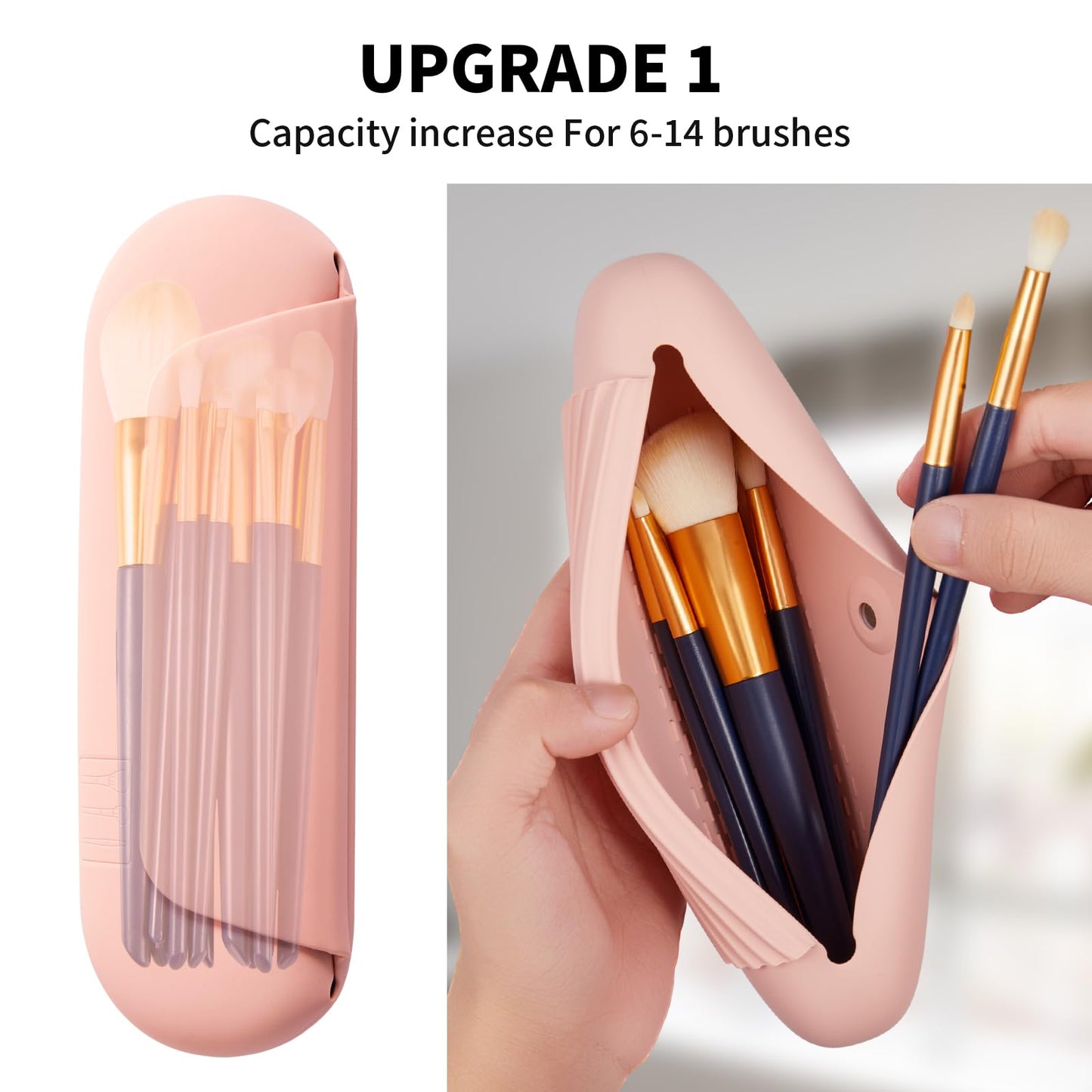 AGIKET Silicone Makeup Brush Holder Travel Cosmetic Bag：Soft Portable Cosmetic Face Brushes Holder with Upgrade Anti-Fall Out Magnetic Closure, Large Travel Makeup Brush Case - Pink Sand