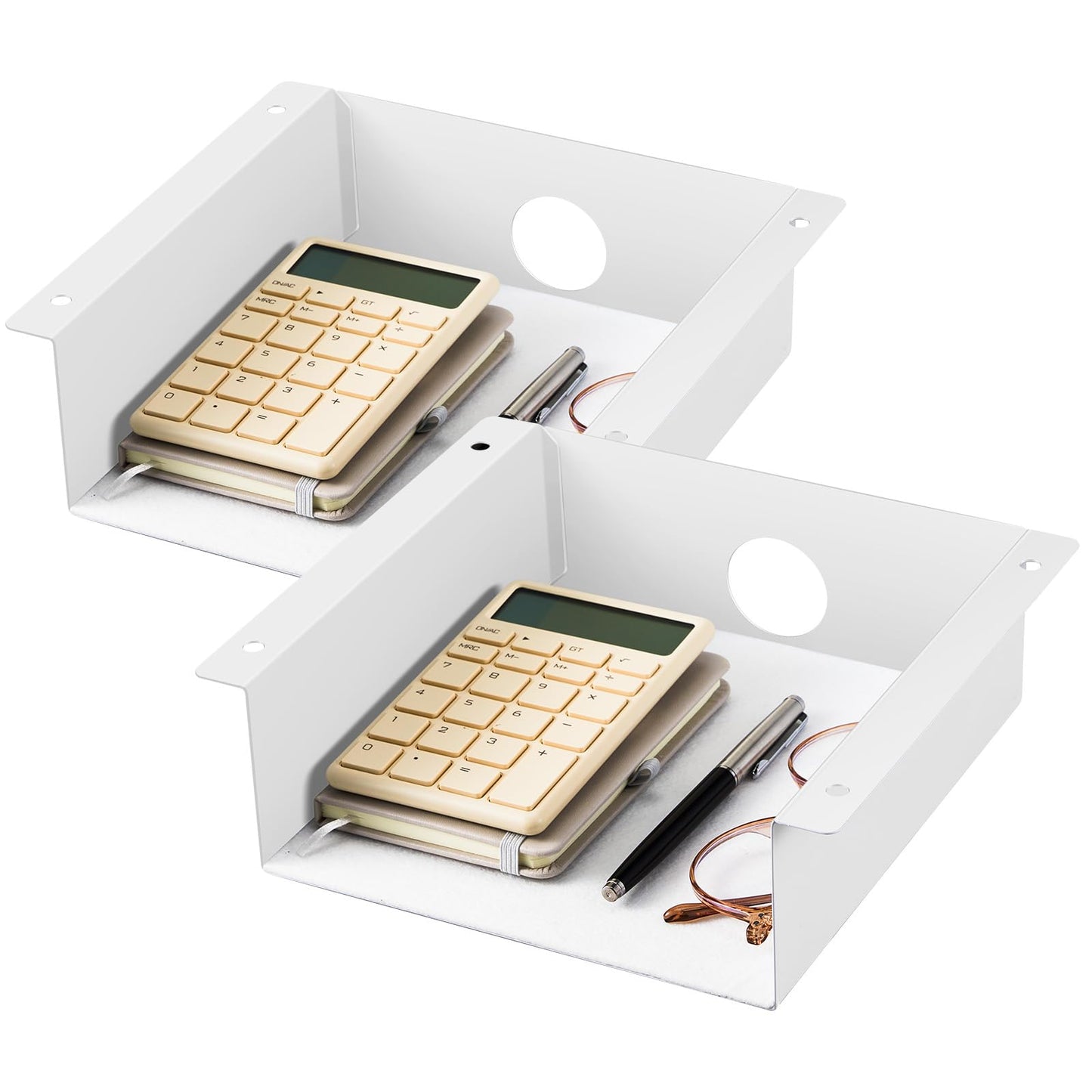 Yaocom 2 Pack Under Desk Hanging Shelf, Carbon Steel Storage Tray with Mute Felt Sheets, Mount Shelves Organizer for Office Home Workstation Gaming Desk Stand up(7.5x8x2.8 in/Storage Shelf,White)