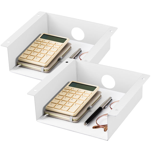 Yaocom 2 Pack Under Desk Hanging Shelf, Carbon Steel Storage Tray with Mute Felt Sheets, Mount Shelves Organizer for Office Home Workstation Gaming Desk Stand up(7.5x8x2.8 in/Storage Shelf,White)