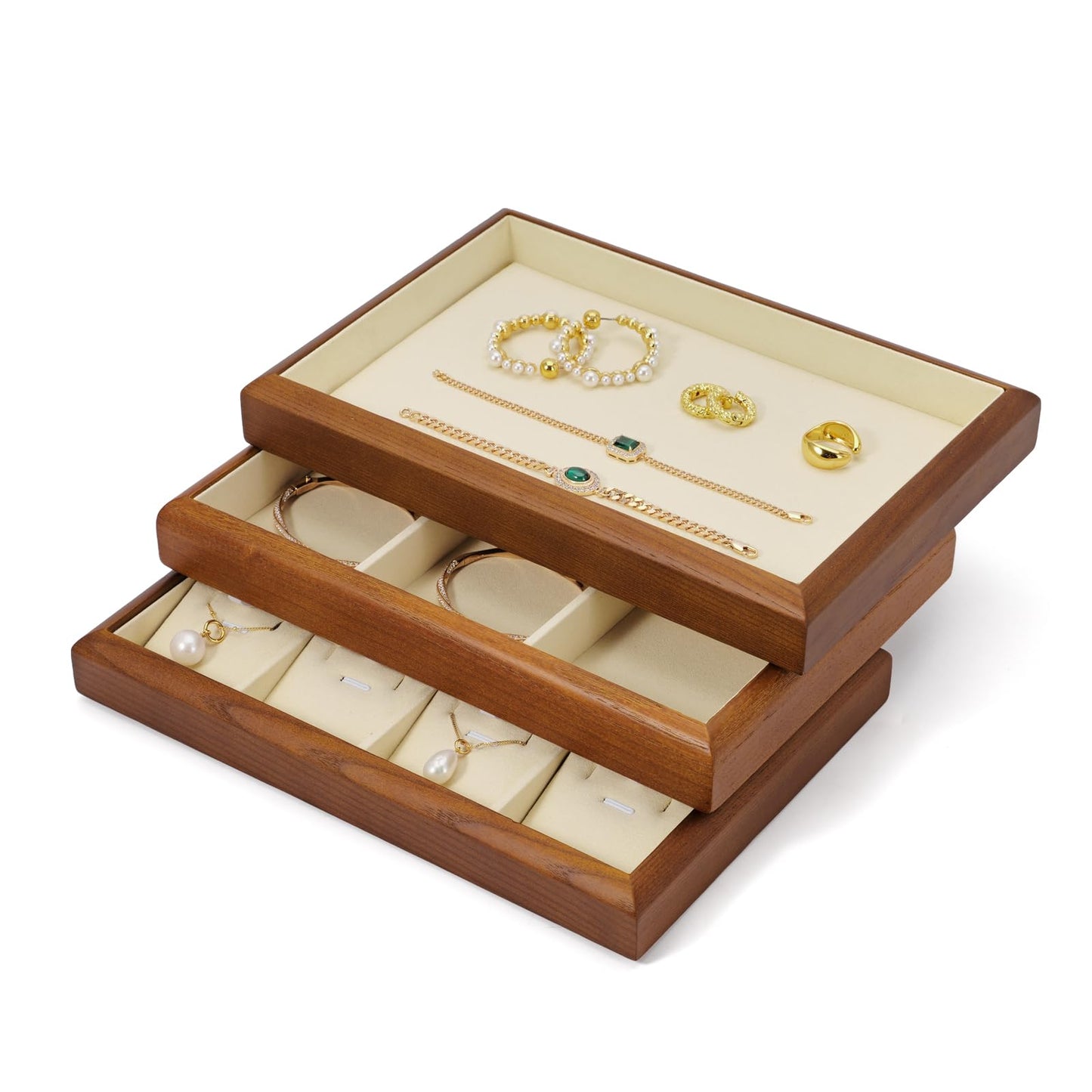 Woodten Solid Wood Flat Jewelry Tray Stackable Jewelry Drawer Organizer Showcase Display Organizer Tray(Beige)
