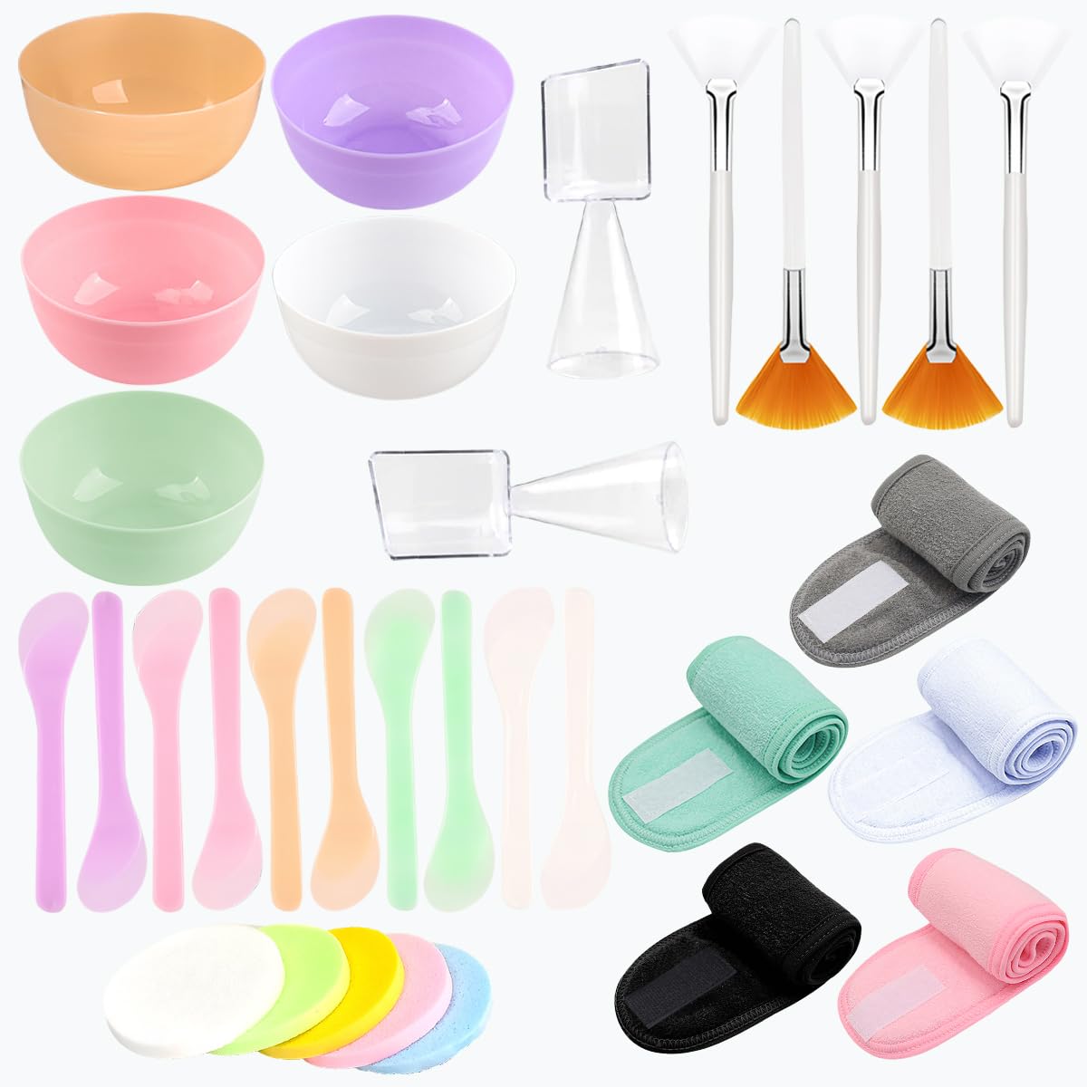 37 Pcs Face Mask Mixing Bowl Set, 5 Plastic Mask Bowl 5 Headbands, 10 compressed Facial sponges 5 Facial Mask Fan Brushes10 facial spatula and 2 Measuring Cups, Esthetician Supplies Tool Kit