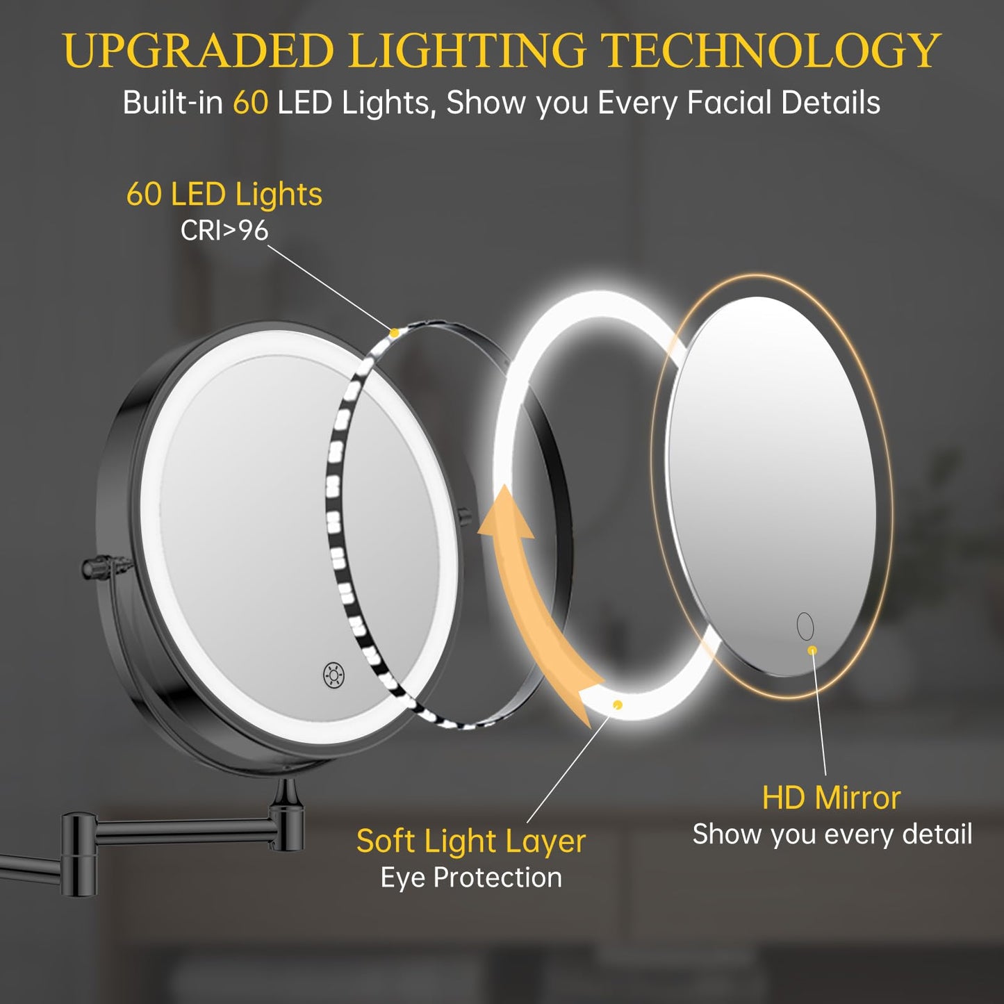 FUNTOUCH 20X/3X Rechargeable Wall Mounted Makeup Vanity Mirror with Lights, Double Sided Magnifying Wall Mount Mirror,3 Color Lighting, Touch Screen Dimming,Extension Arm 360 Rotation Wall Mirrors