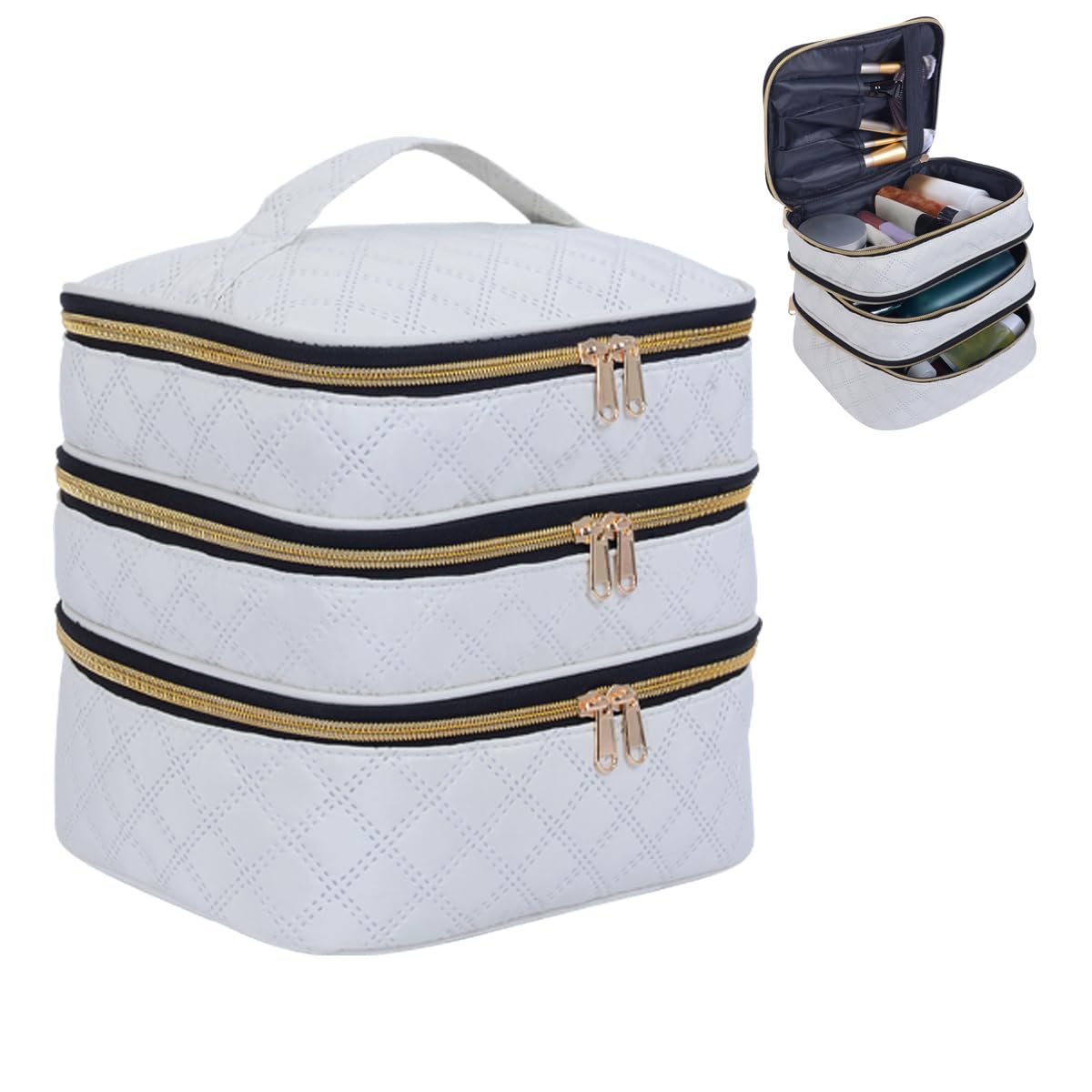 LANDFOBO Large Makeup Bag 3 Layers with Handle Travel Organizer Case(Beige)