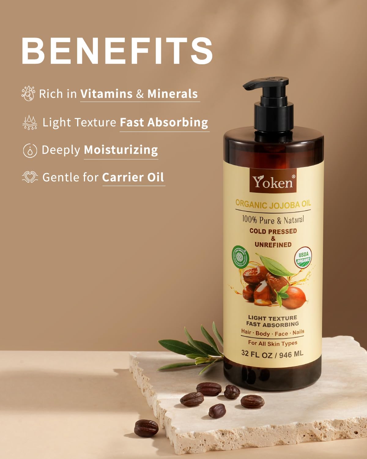 Yoken 32 fl oz (EWG Verified) 100% Pure Jojoba Carrier Oil - Unrefined, Hexane-Free, Cold Pressed for Skin, Face, Hair, Nails, and Massage