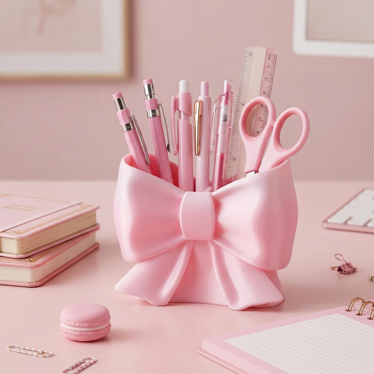 Hushee 2 Pcs Coquette Pink Bow Makeup Holder Cute Bow Toothbrush Holder Preppy desk accessories Set for School Office Desk Bedroom Gift for Girls