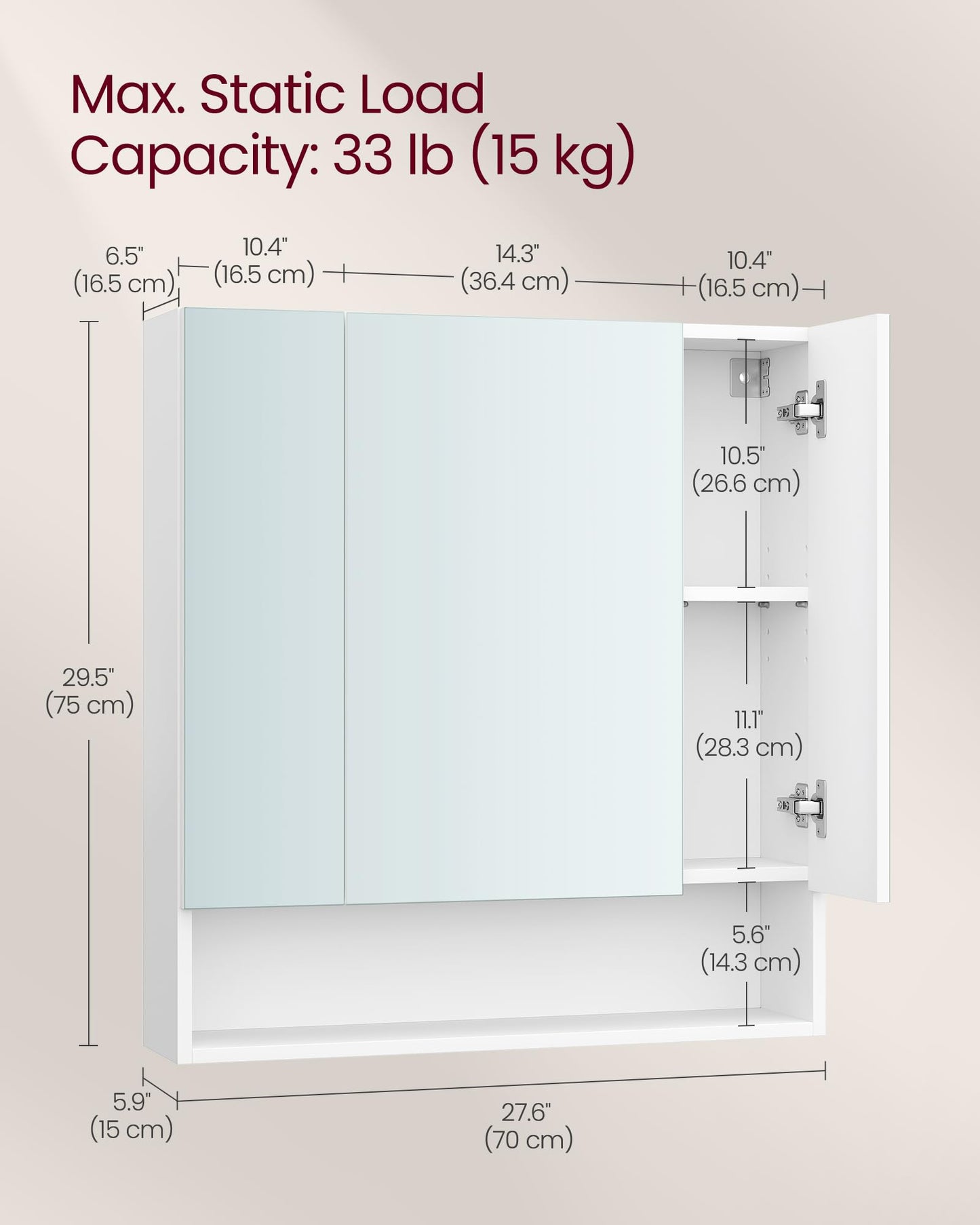 VASAGLE KAILYN Collection - Medicine Cabinet Mirror, Bathroom Wall Mirror Cabinet with Storage, Open Compartment, Adjustable Shelves, 6.5 x 27.6 x 29.5 Inches, Cloud White UBBK129W01