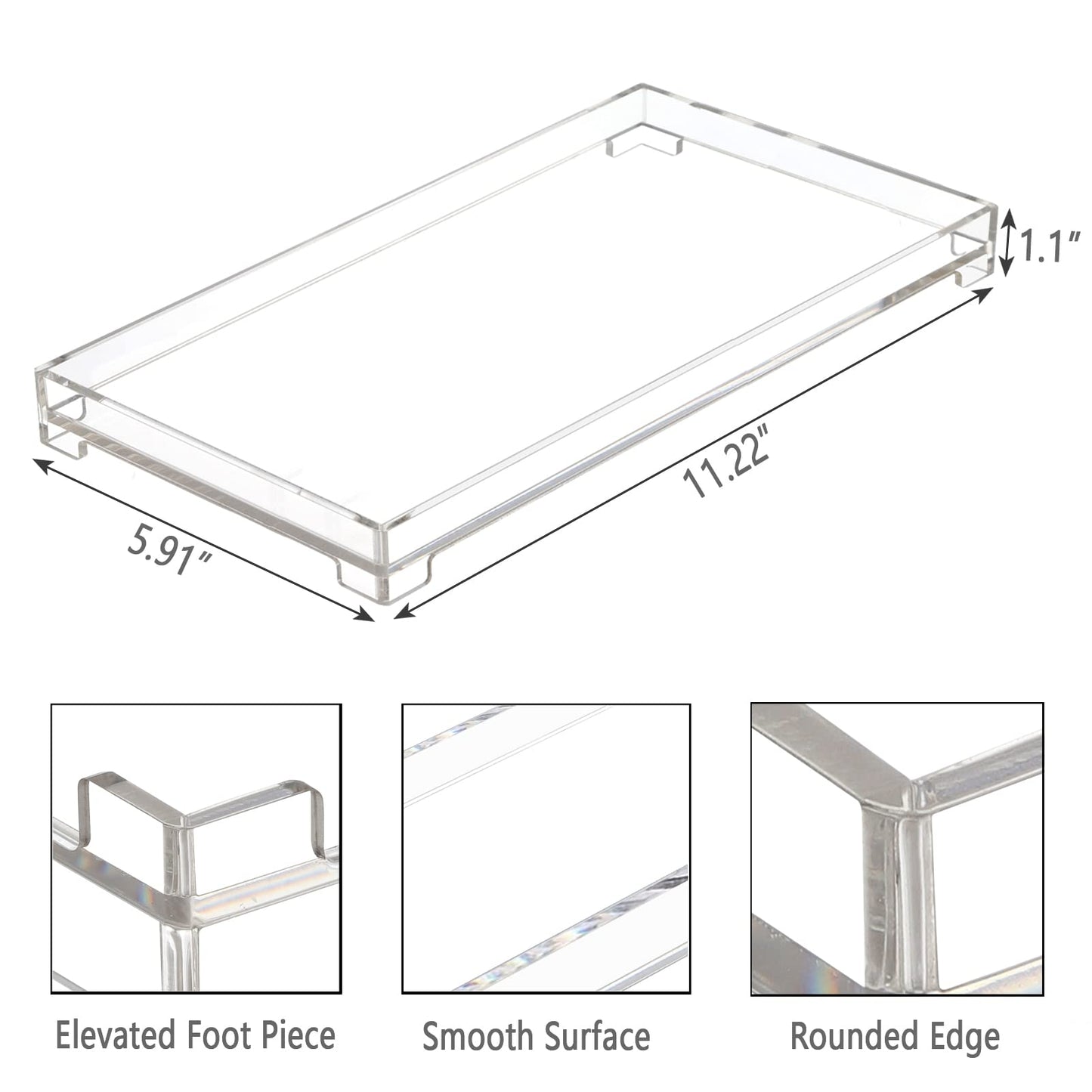 Vanity Bathroom Tray Acrylic Clear Rectangle Decorative Organizer, Large