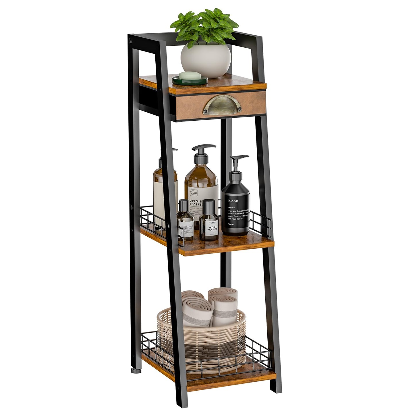 keomaisyto 3-Tier Narrow Bathroom Shelves with Drawer, Bathroom Organizers and Storage, Open Floor Ladder Shelf, Freestanding Tower Slim Standing Unit for Small Spaces - Rustic Brown