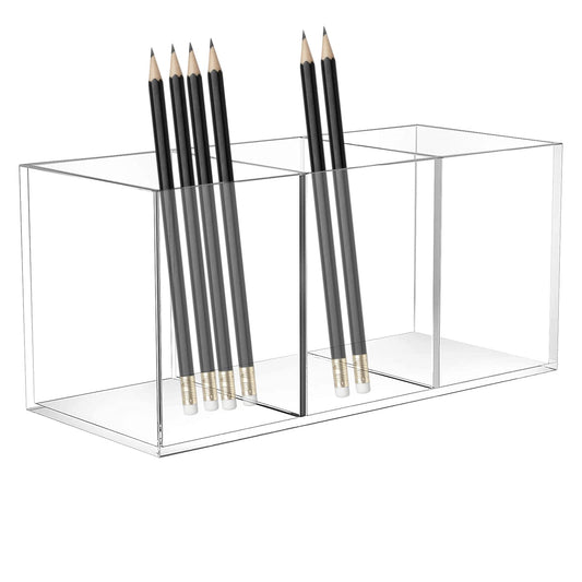 Acrylic Pen Holder Clear Pencil Organizer Makeup Brush Holder Countertop Desk Accessory Storage (3 Compartments)