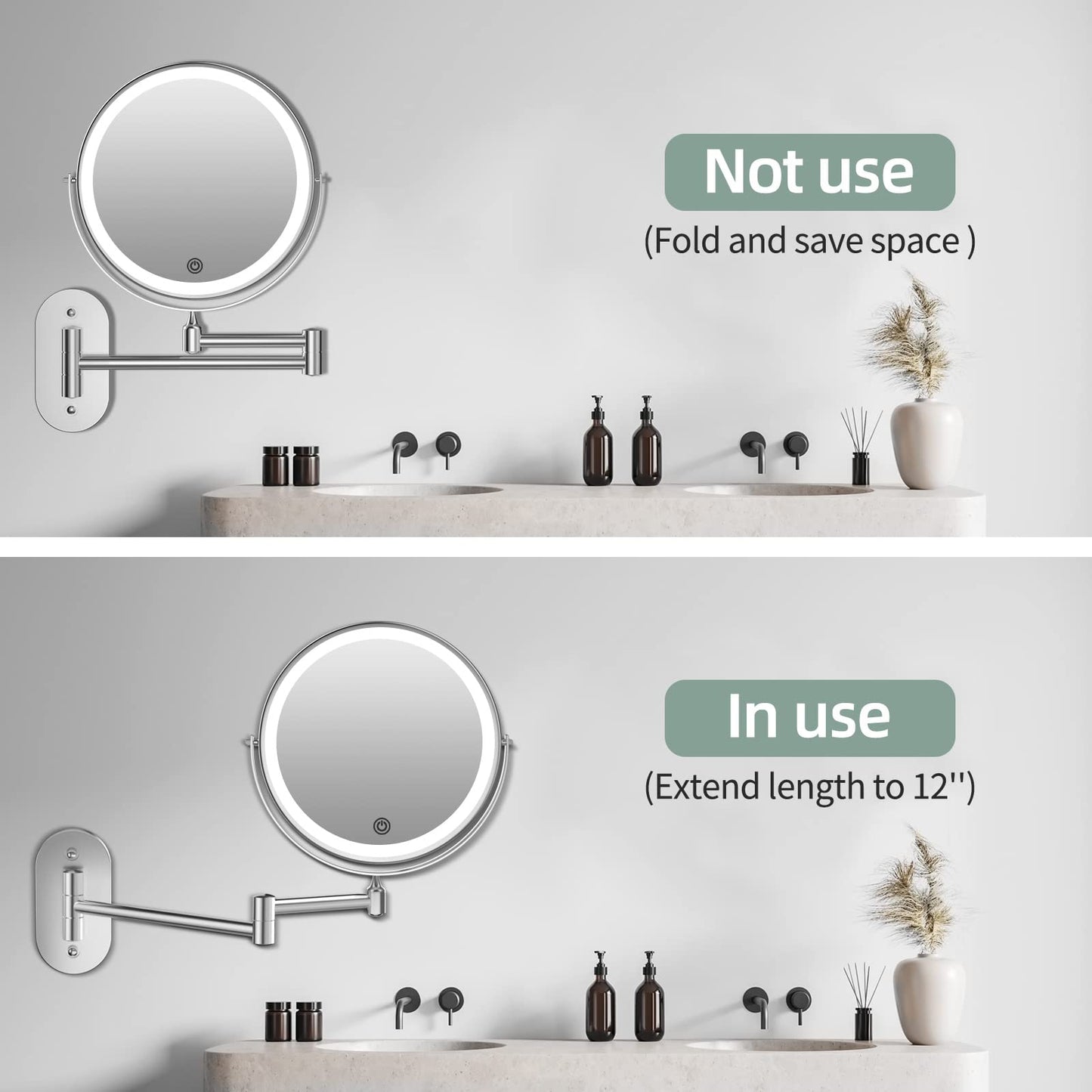 Rechargeable Wall Mounted Lighted Makeup Vanity Mirror 8 inch 1X/20X Magnifying Bathroom Mirror with 3 Color Lights, Double Sided with Dimmable LED Lights, Extended Arm 360° Swivel Extension Mirror