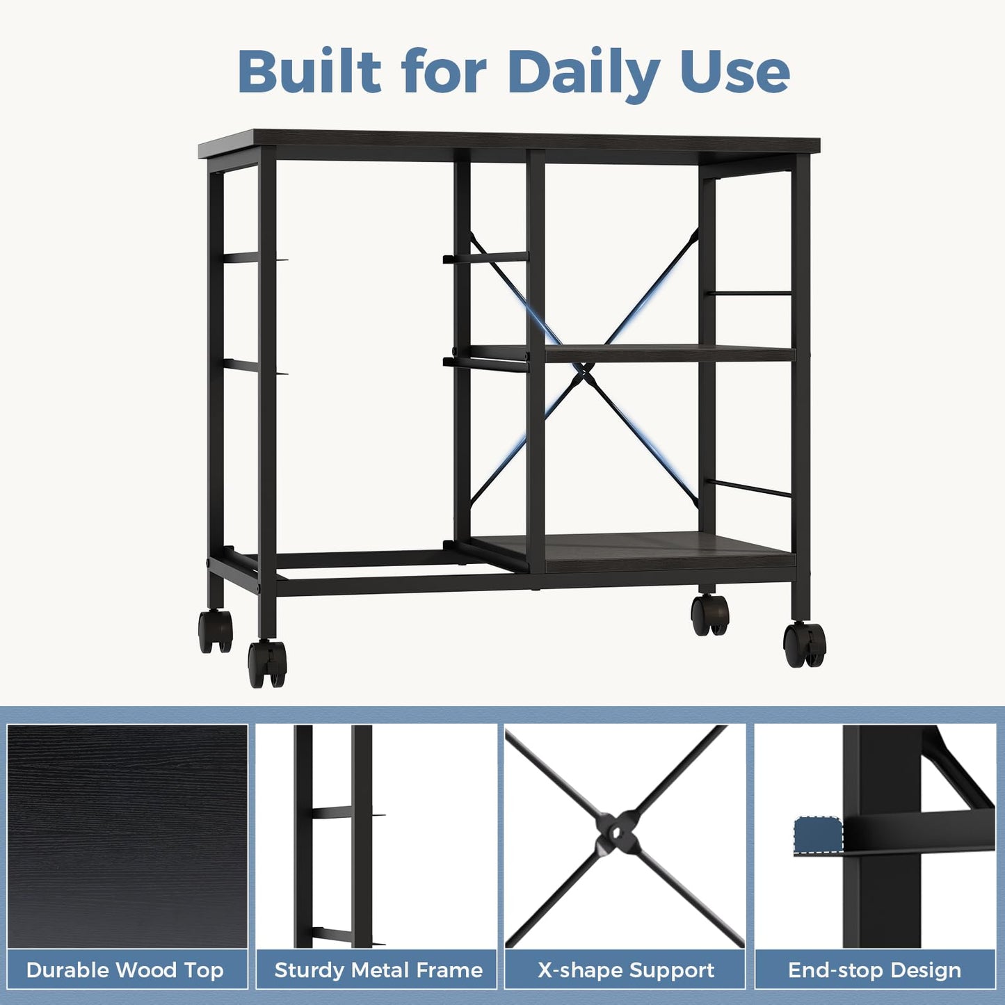 DUMOS 3-Tier Mobile File Cabinet, Printer Stand with Storage, Office Table with Drawers and Back Support Bar, Holds 110lbs for Home Office, Rustic Black