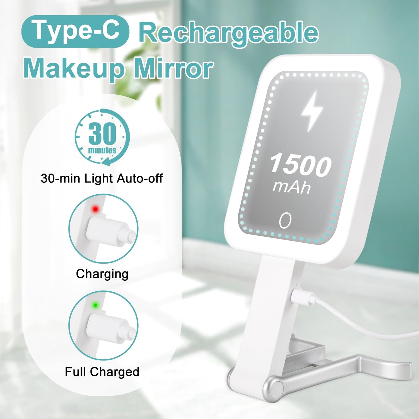 DECLUTTR Travel Makeup Mirror with Lights, Rechargeable 1X/15X Magnifying with Light Double Sided，Portable Handheld Mirror with 3 Color Light Dimmable, Tabletop,Hanging,White