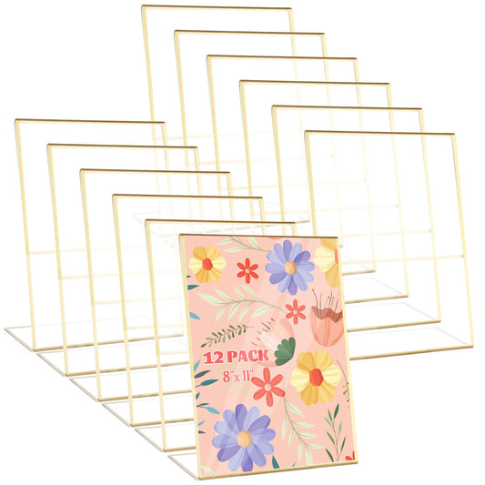 LISHINE 12 Pack Acrylic Sign Holder 8.5 x 11 Gold Vertical Plastic Sign Holder 8.5 x 11 Standing Clear Flyer Display Holder Menu Picture Paper Display Stand for Hotel, Office, Restaurant