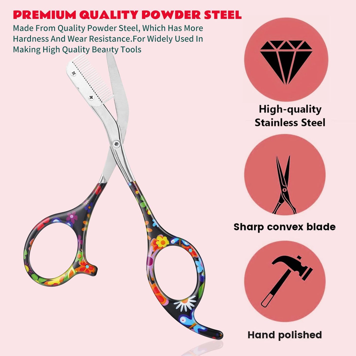 DINNAT Eyebrow Scissors With Comb, Facial Grooming Scissors Kit, Professional Precision Eyebrow Trimmer Scissors,Perfect For Gifts For Women and Men (Black Flower)