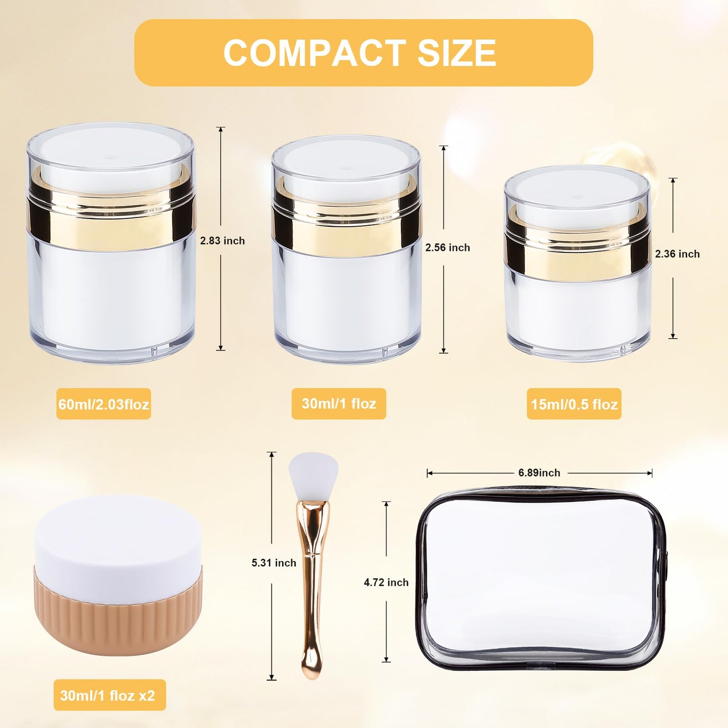 KOUWICH 1.7/1/0.5oz Refillable Cosmetic Moisturizer Airless Pump Jar 3 Pack Bottles Travel TSA Size for Cream, Gels and Lotion with 2 Silicone Cream Jars BPA-Free