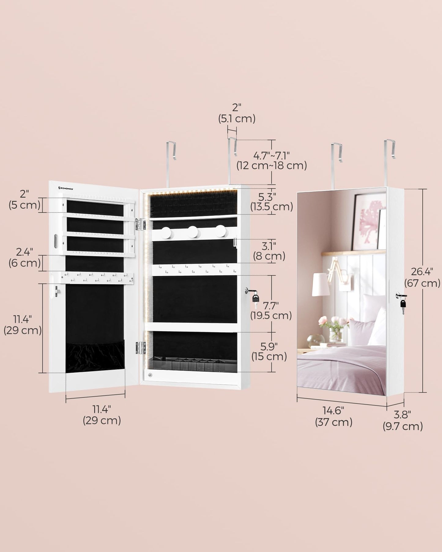 SONGMICS Mirror Jewelry Cabinet Armoire with Built-in LED Lights, Wall or Door Mounted Jewelry Storage Organizer, 3.8 x 14.6 x 26.4 Inches Hanging Mirror Cabinet, Gift Idea, White UJJC050W01