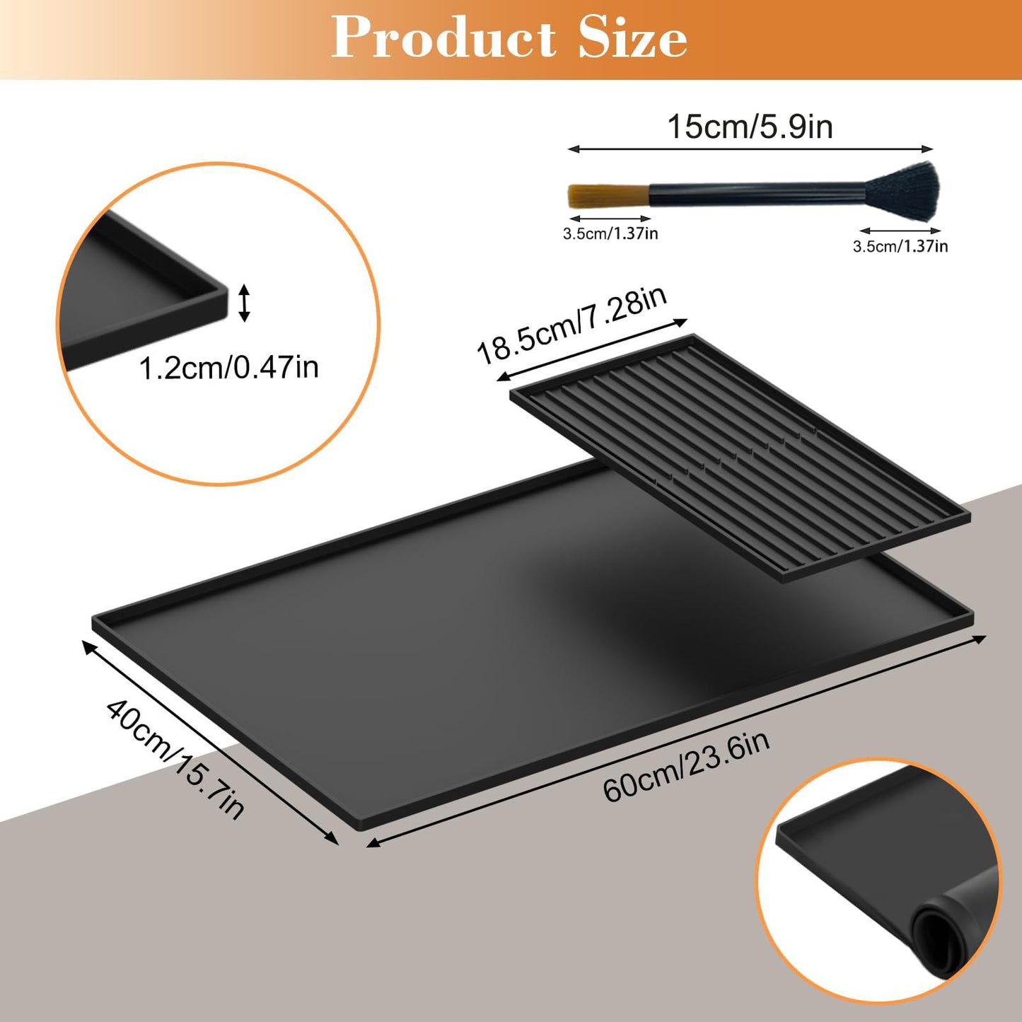Silicone Coffee Mat, 24''x16'' Bar Mat with Detachable Dish Drying Mat,Non Slip Machine Pad,Fits Under Coffee Maker and Dish Rack,comes with a practical coffee mat cleaning brush(Black)