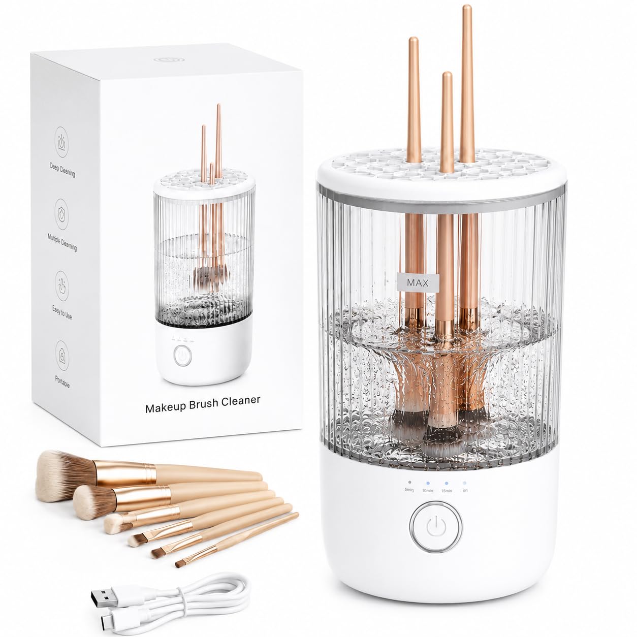 Mottinhill Makeup Brush Cleaner Machine, Automatic Electric Makeup Brush Cleaner with 4 Adjustable Speeds, Deep Cleaning Device, Portable USB Rechargeable (White)