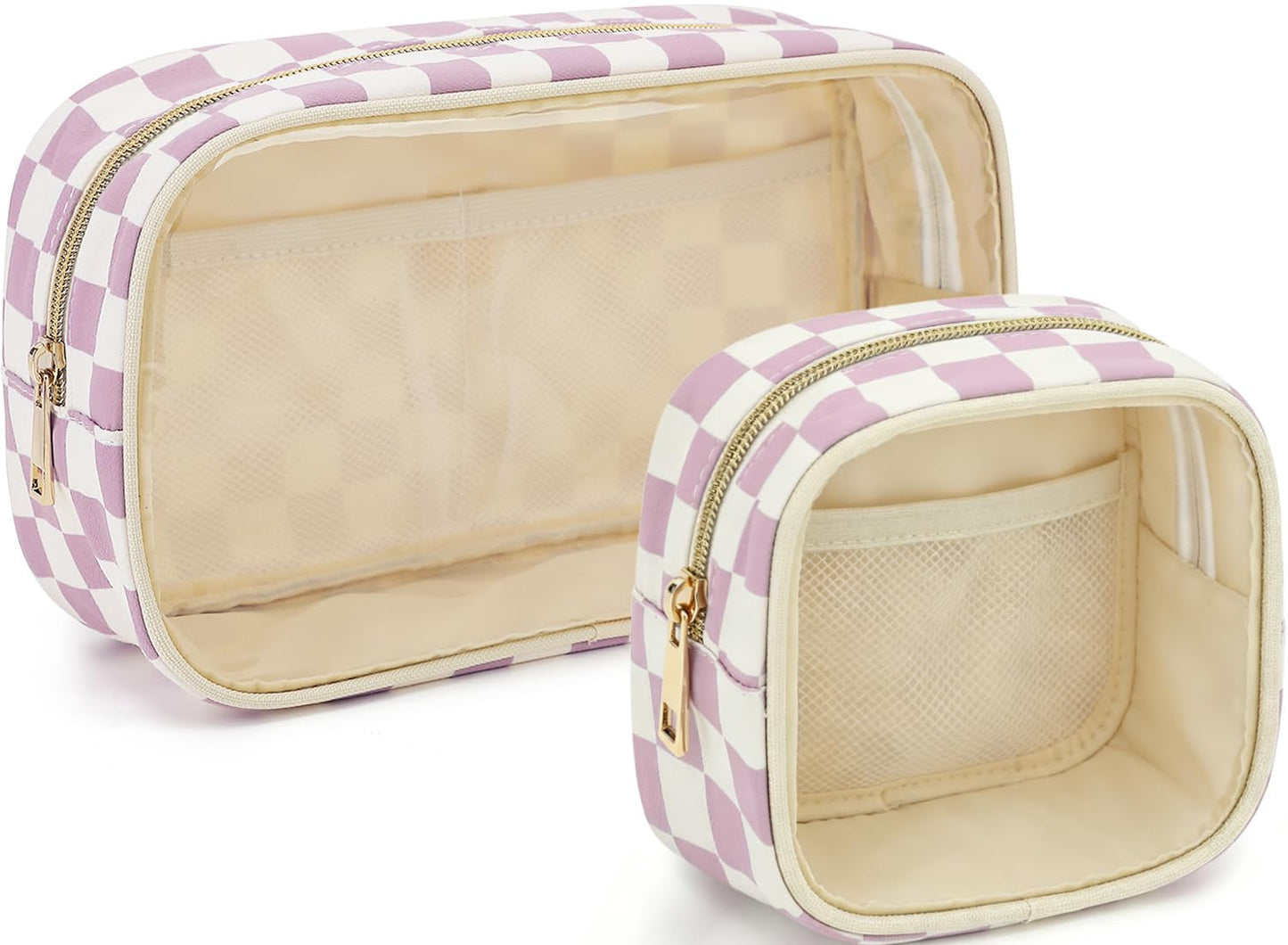 Fammart Clear Travel Makeup Bag for Women, TSA Approved Checkered Cosmetic Bag Make Up Car Organizer Case with Zipper, Large Waterproof Pouch Purse Toiletry Bag for Skincare, Brushes Travel Essentials