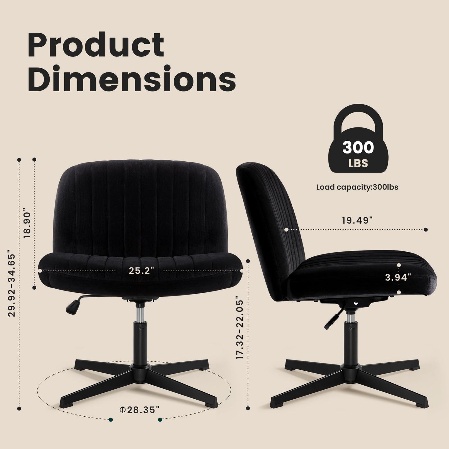 IWMH Criss Cross Chair, Cross Legged Office Chairs no Wheels, Armless Wide Seat Desk Chair with Adjustable Height for Home, Vanity, Bedroom (Black)