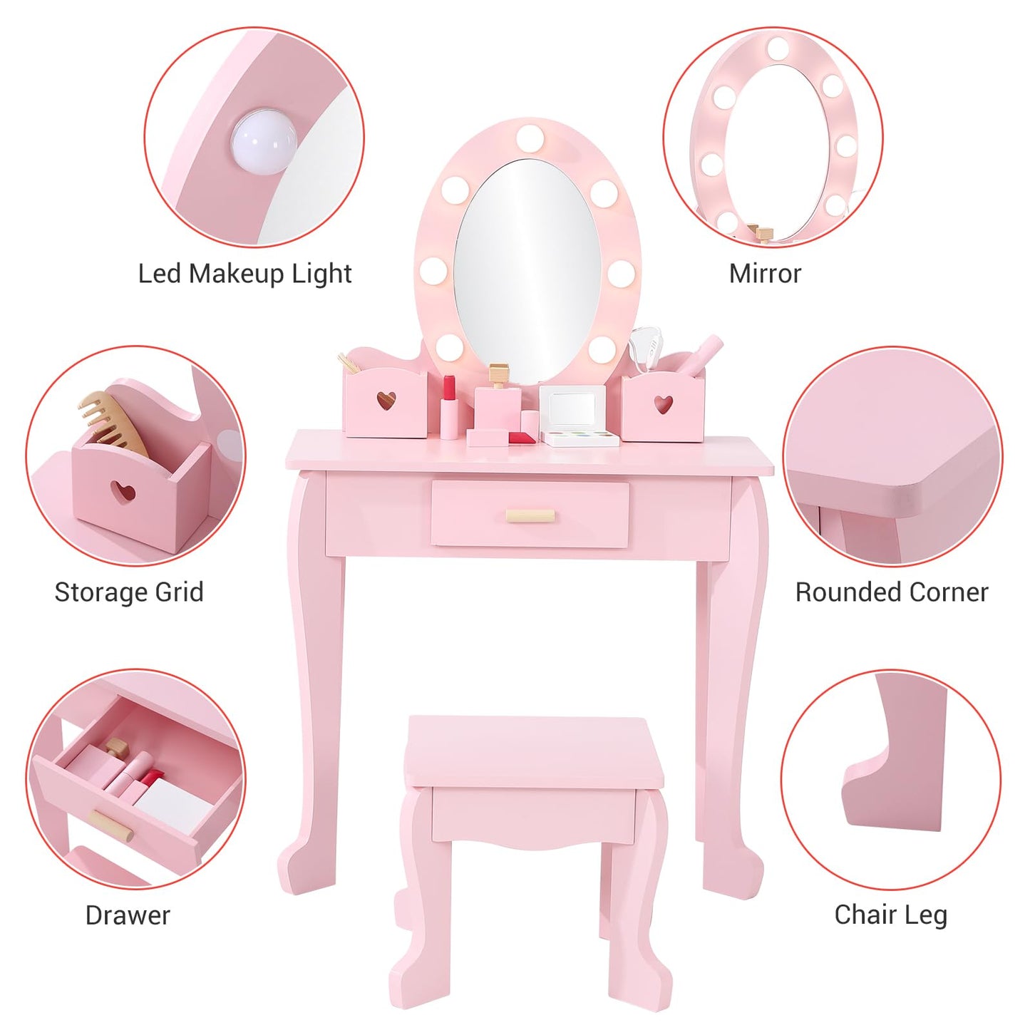 GarveeHome Kids Vanity with Lighted Mirror, Toddler Vanity Table and Chair Set, Girls Makeup Playset, Pink