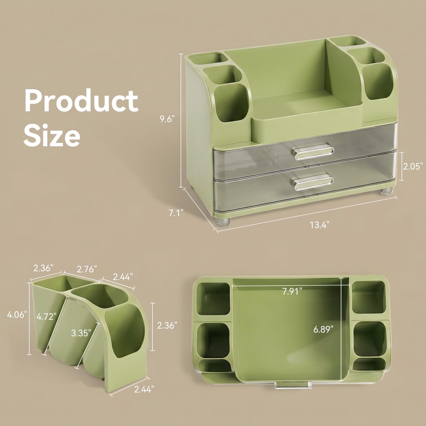 Brothersbox Makeup Organizer for Vanity with 2 Large Drawers and 6 Brush Holders, Large Bathroom Countertop Cosmetic Storage for Skincare, Lipstick, Nail Polish, Perfume, Gift for Women, Green