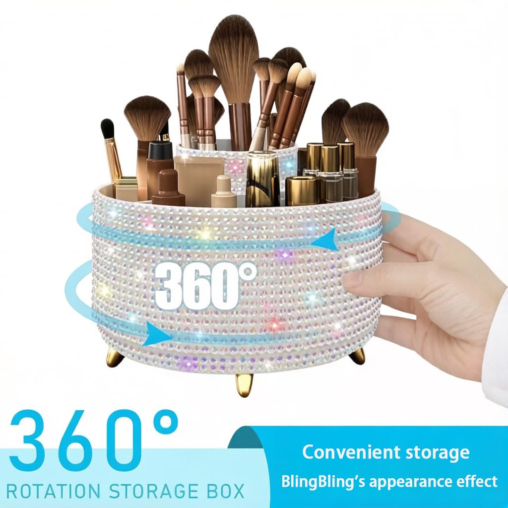 Bling Makeup Brush Holder,360° Rotating Makeup Brush Organizer,5 Slot Make up Brushes Cup for Cosmetics,Large Capacity,For Nail Polish, Art Supply, Bathroom Vanity,Cosmetics Organizer,Diamond White