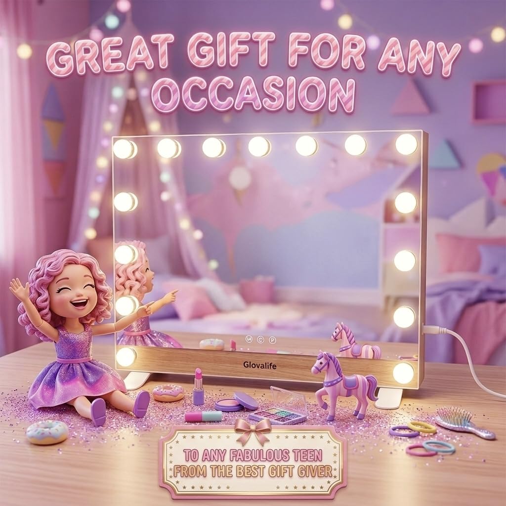 Glovalife Vanity Mirror with Lights, Large Hollywood Lighted Mirror, LED Bulbs with 3 Colors Lighting, USB & USB C Charging Port, Touch Control, Glass Tempered, White 22.8" X 18.1"