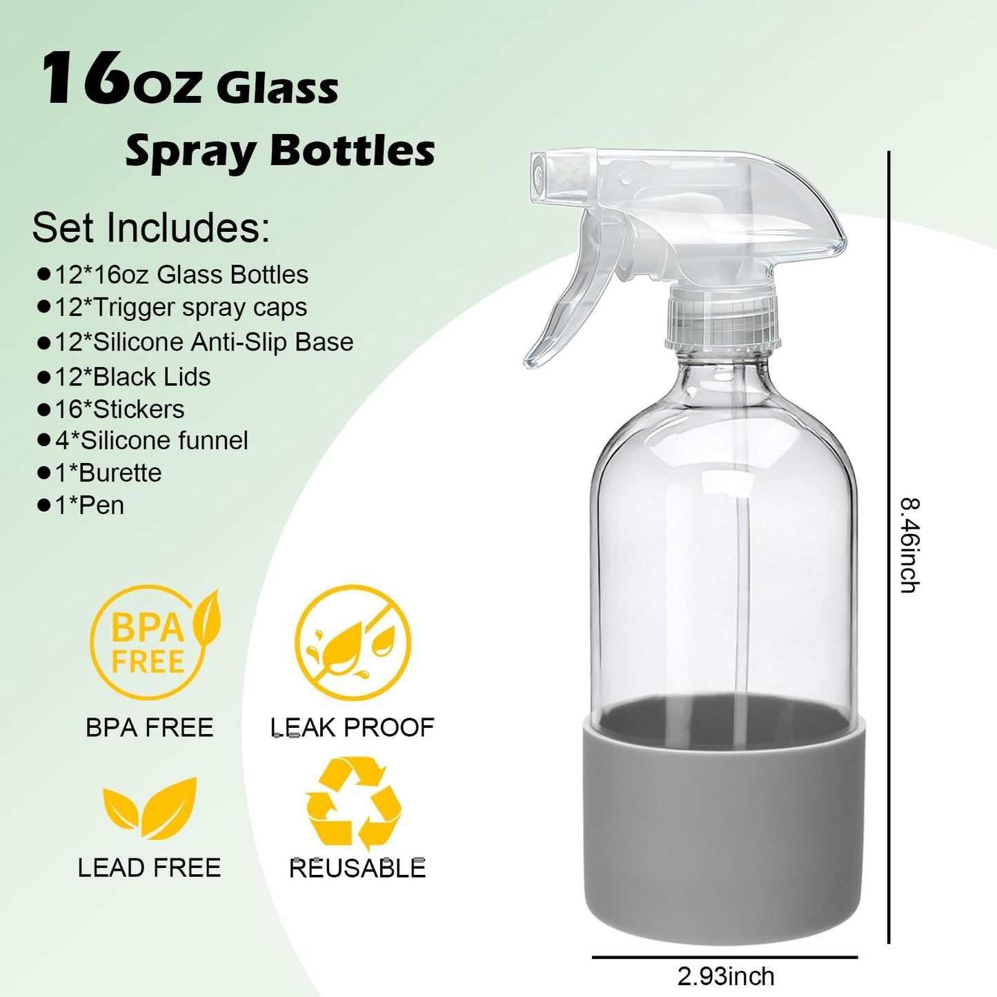 Maredash 16oz Glass Spray Bottles,Empty Reusable Spray Bottles,Glass Spray Bottles for Cleaning,Refillable Containers with Spray Nozzles for Cleaning,Window Cleaner,Hair Care,Flowers12 Pack