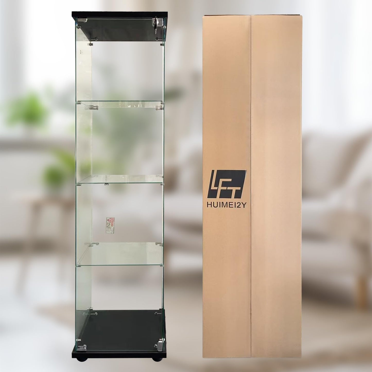 LFT HUIMEI2Y Glass Display Cabinet with Door & Lock, 4-Tier Curio Cabinet for Collectibles, Figures, Wine, Tempered Glass Display Case for Living Room Bedroom Office, 65”x 17”x 14” Black