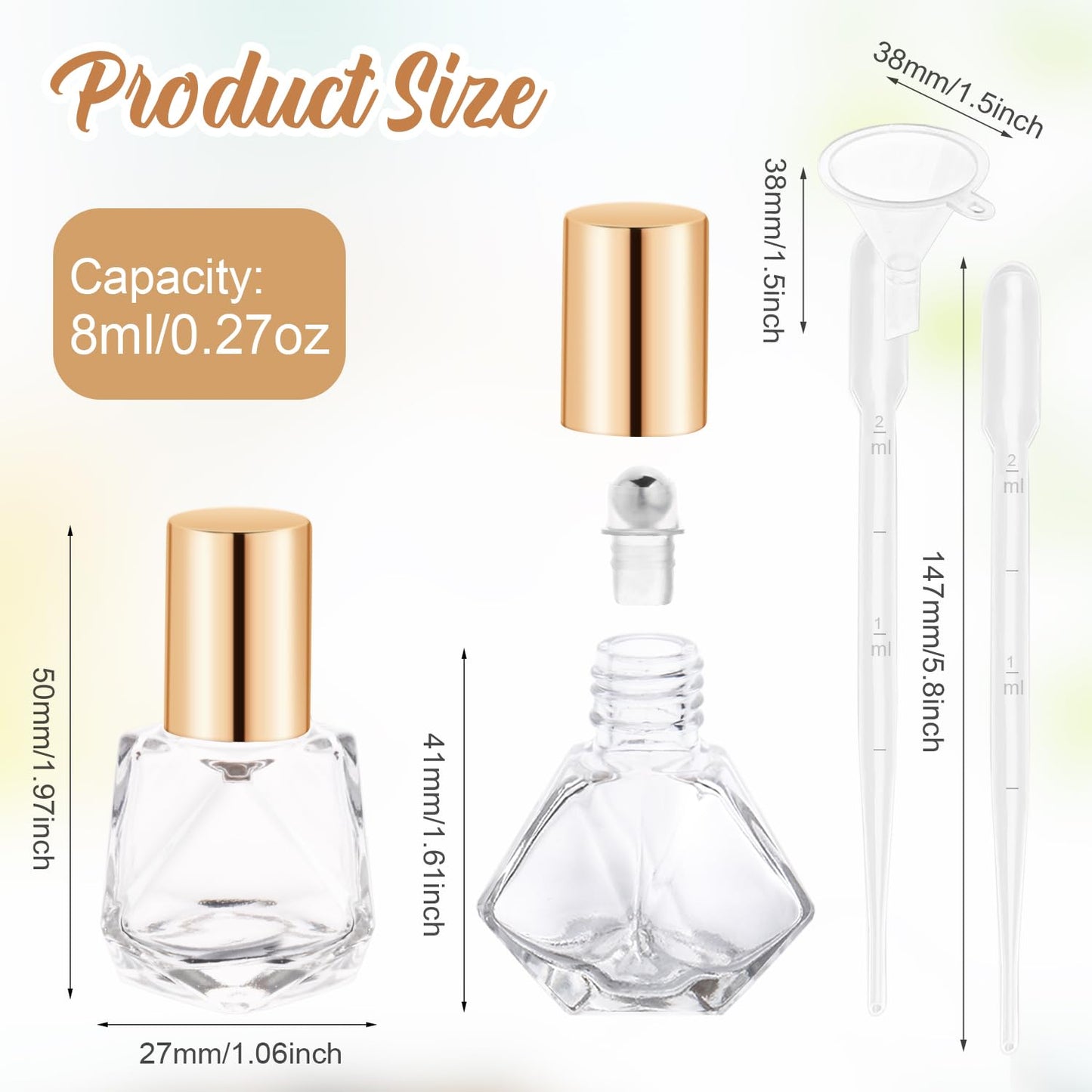 30 Pcs 8ml/0.27oz Essential Oil Roller Bottles Glass Polygonal Roller Bottles Empty Cosmetic Vials Containers with Stainless Steel Roller Balls for Travel Perfume Essential Oil, 2 Dropper, 1 Funnel