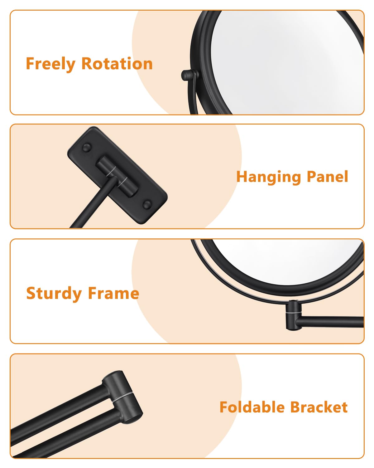 Wall Mounted Makeup Mirror - 1X/10X Magnifying Mirror for Wall, 8 Inch Double Sided 360° Swivel Extendable Bathroom Mirror for Shaving, Black