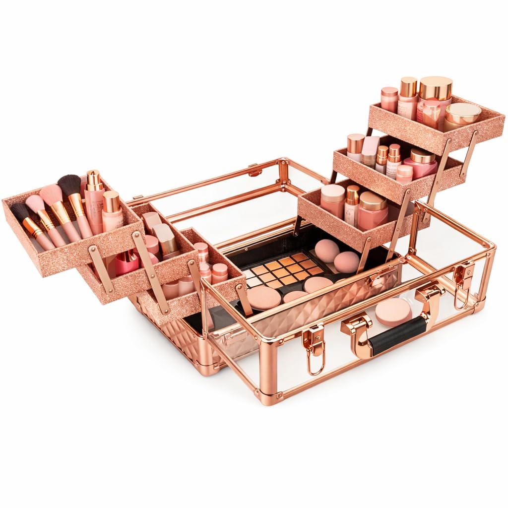 Ver Beauty Rose Gold Diamond Makeup Train Case with 6 Accordion Trays Lockable Cosmetic Organizer with Spacious Interior & Clear Acrylic Top