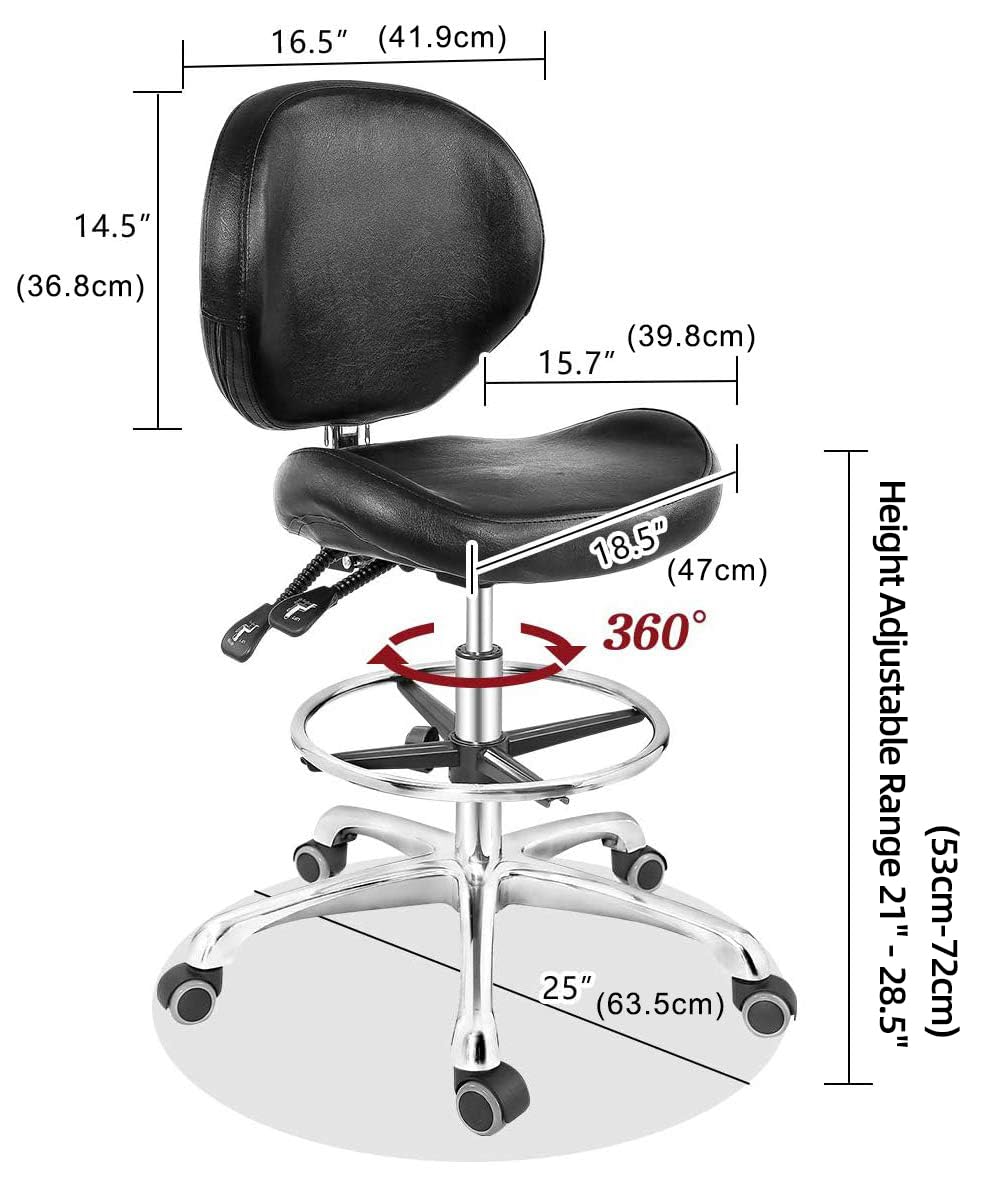 Grace&Grace Drafting Chair Adjustable Tall Shop Stool, Rolling Chair with Backrest and Footrest for Computer, Studio, Workshop, Classroom, Lab, Counter, Home Office (Black)