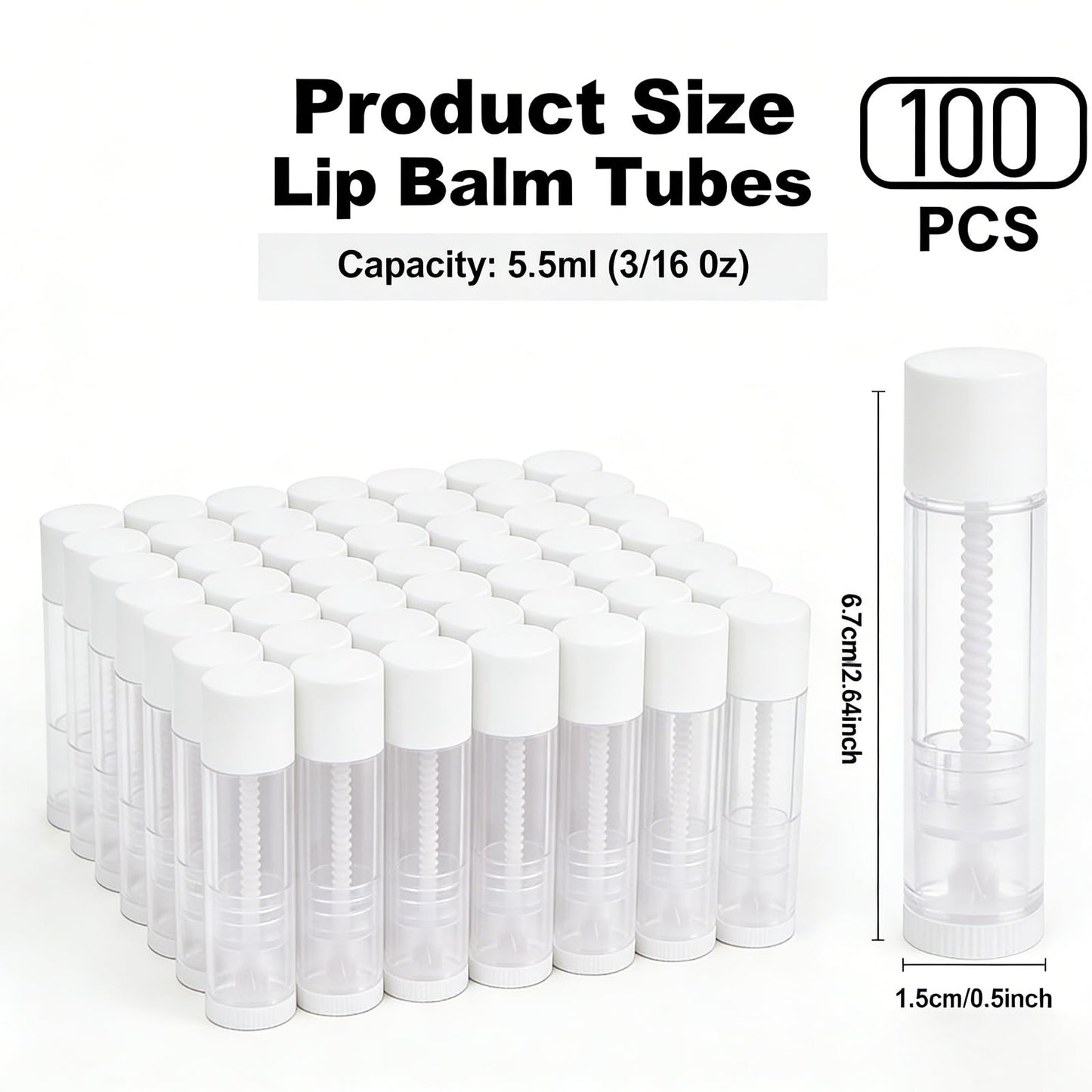 100-Pack Empty Refillable Lipstick Tubes, 0.15oz(5.5 ML) Capacity, Twist-Up Base for DIY Cosmetics, Lip Balm tubes, Solid Perfume, Salve Projects (White Cap-100P)