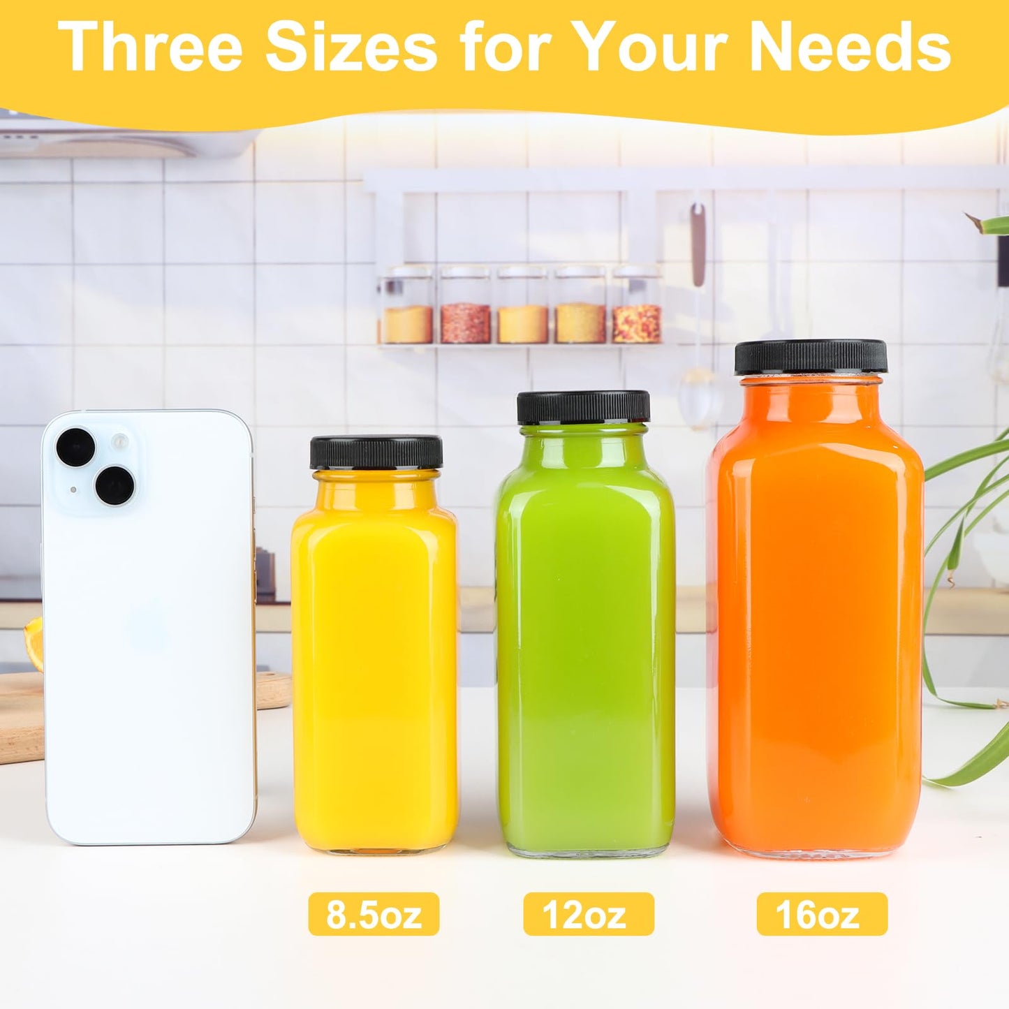 GUANENA 6 Pack Glass Drink Bottles, 8.5 OZ Vintage Square Water Bottles with Lids, Juice Bottles Beverages Containers for Milk, Kombucha, Smoothies