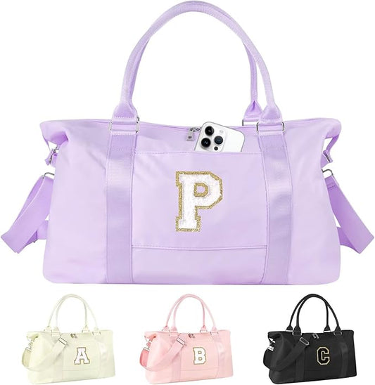 Dance Gym Duffel Bag for Teen Girls, Personalized Initial Travel Weekender Bag,Cute Overnight Carry On Duffle for Women,Sports Travel Cheer Bag,Monogram Christmas Gifts for Tween Preppy(purple-P)