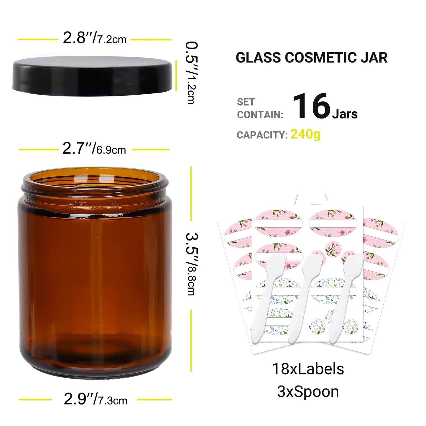 Keketin 8 oz Amber Glass Jars,16 Pack Empty Cosmetic Containers with Inner Liners and Black Lids,Refillable Round Cream Jars for Lotion,Ointments,Bath Salts,Makeup,Slime and Travel