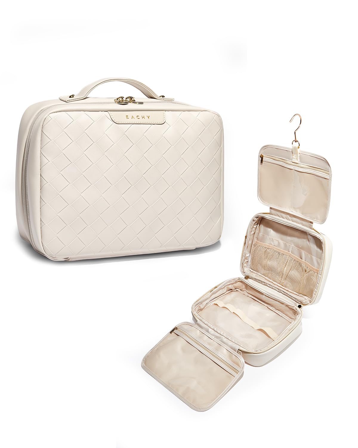 EACHY Travel Toiletry Bag with Hanging Hook, Portable Makeup Cosmetic Bags for Women, Water-Resistant Full-Size Travel Accessories (Plait White)