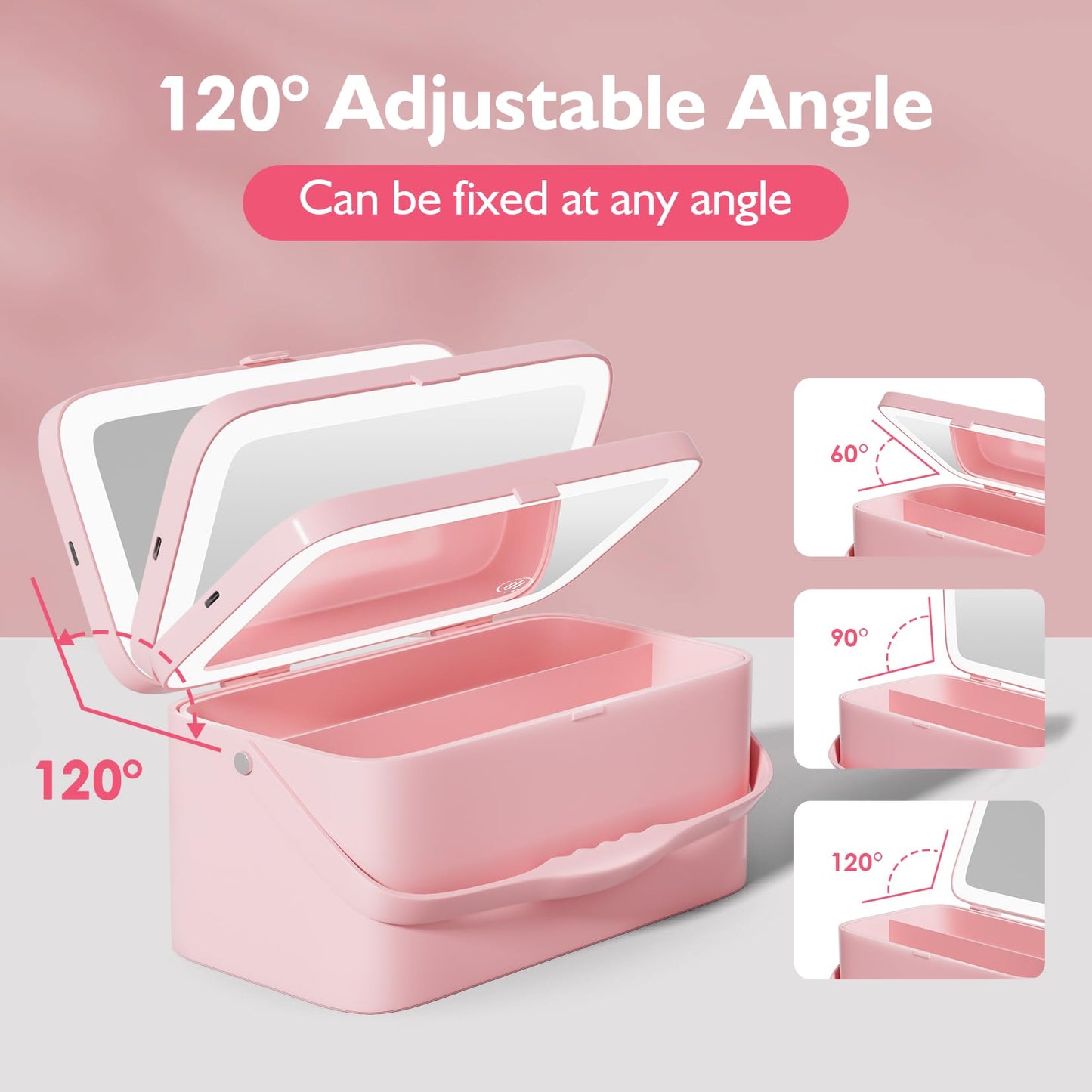 Bdjso Makeup Case with Mirror and Light - Portable Cosmetic Box Rechargeable with 3 Color Mode and DIY Partitions for Women Girls (Pink B)