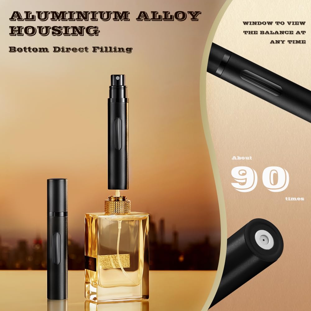 DIOHIO 8ml Perfume Atomizer Travel Refillable,Mini Cologne Dispenser, Bottom-Filling Fragrances Perfumes Bottle,Portable Sprayer Pocket Size for Women Men Cruise Car Trip Gift 2pcs (Black-Black)