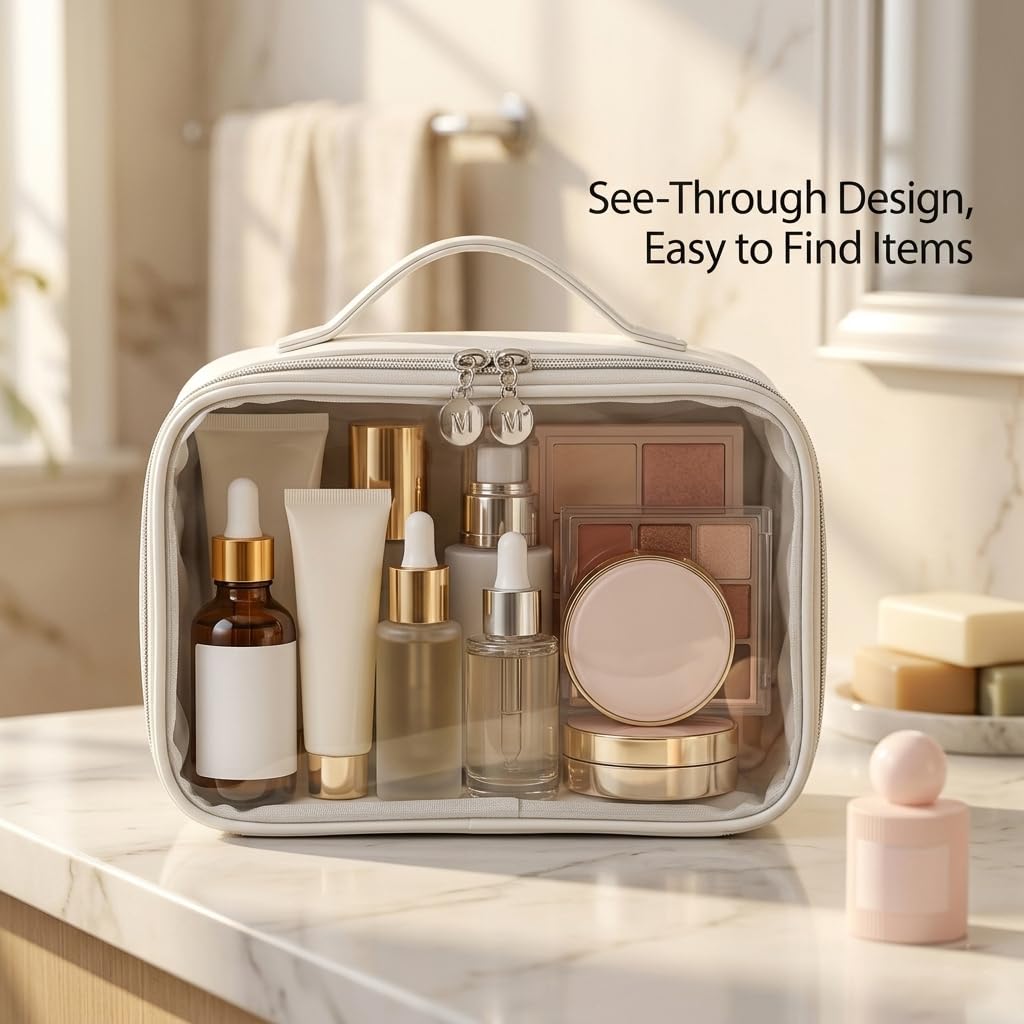 Travel Toiletry Bag for Women, Clear Makeup Bag Organizer with Handle, Waterproof Cosmetic Case for Travel Essentials, Portable Bathroom and Skincare Storage Bag for Daily Use, White
