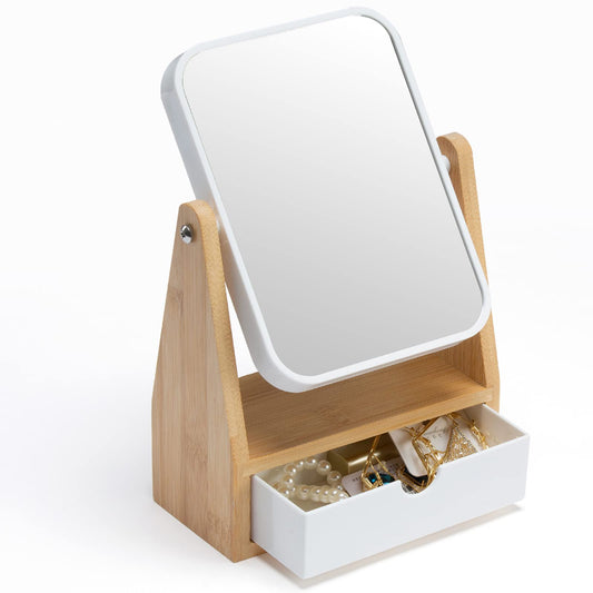 YEAKE Vanity Double Sided Magnifying Makeup Mirror with Storage, Adjustable Natural Bamboo Stand, Portable Desk/Table Mirror, Rectangular